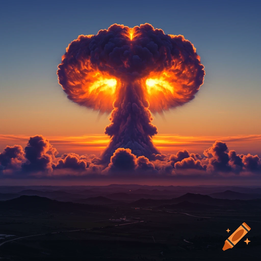 A mushroom cloud explosion rises over distant hills at sunset.