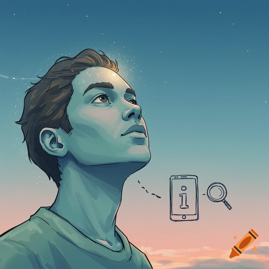 A man looks up at the sky with a glow around his head, next to icons of a phone and magnifying glass.