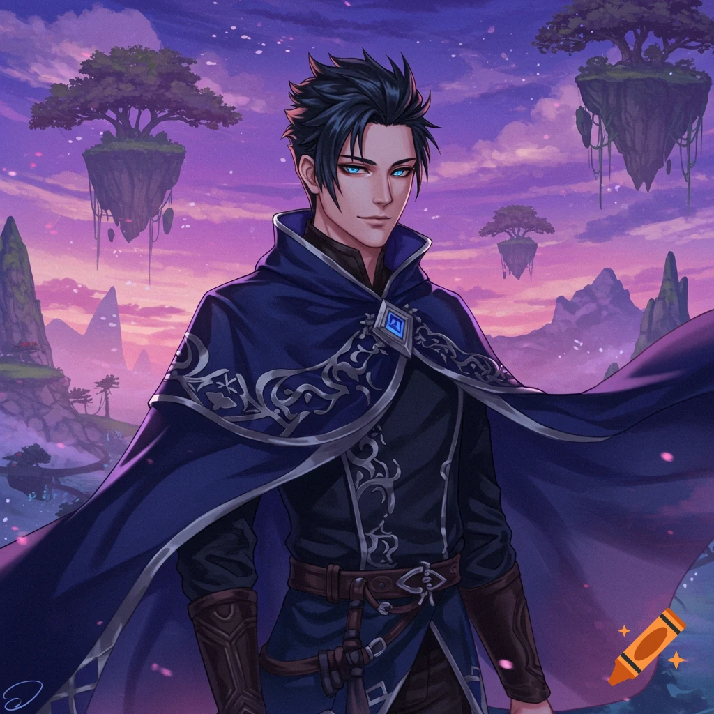 Anime man in a cloak standing in a fantasy landscape with floating islands.