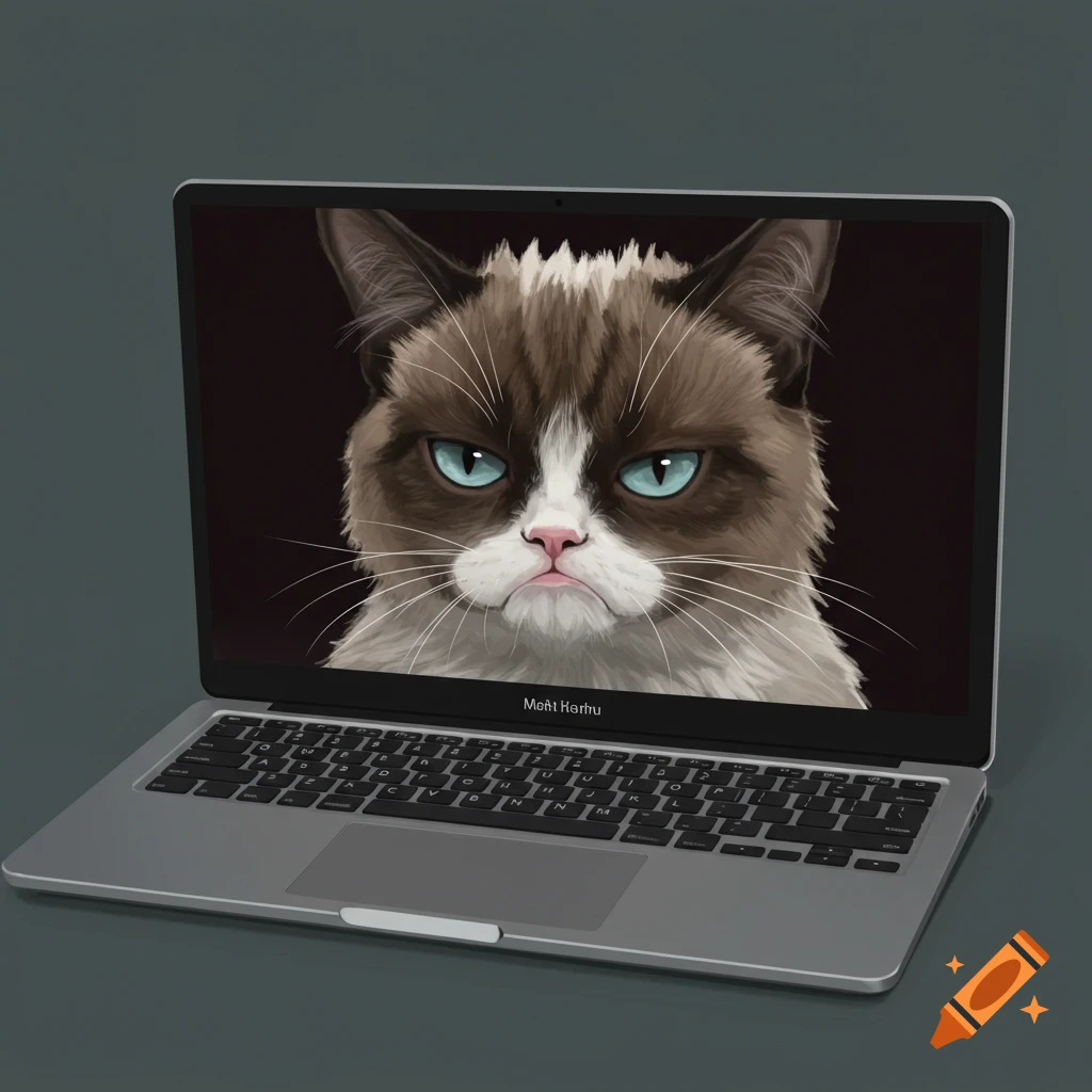 A laptop displays a grumpy cat face.