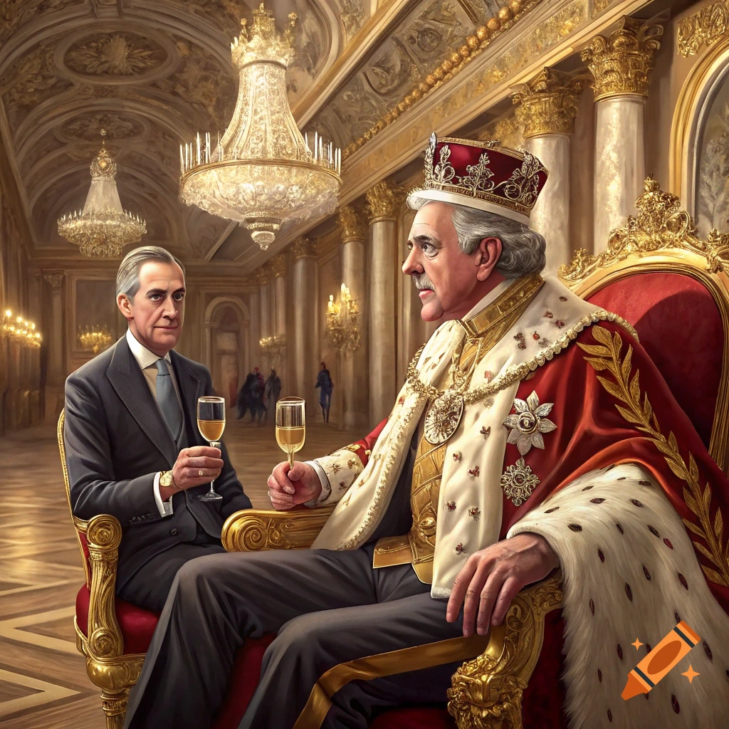 Two men, one in royal regalia and one in a suit, holding glasses in a lavish palace room.