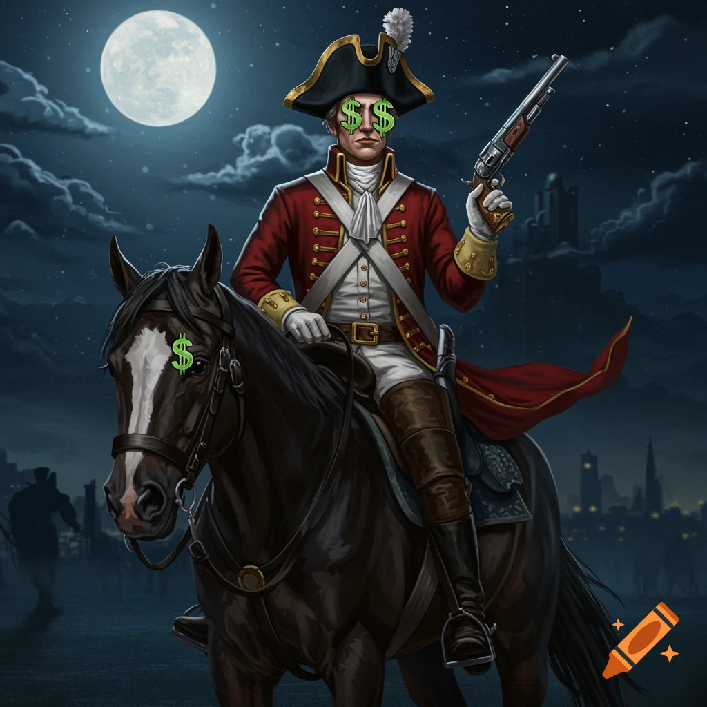 Man in colonial uniform with dollar signs for eyes rides horse at night.