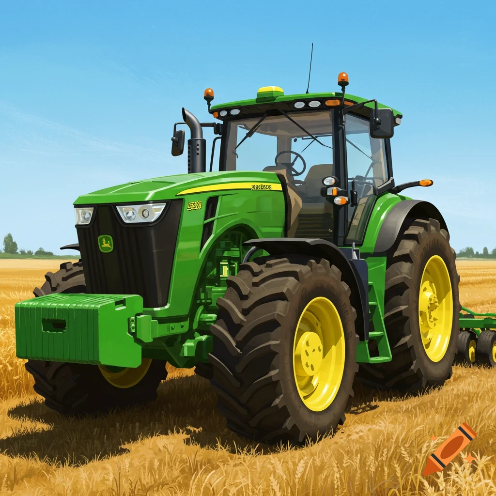 A green John Deere tractor in a field.