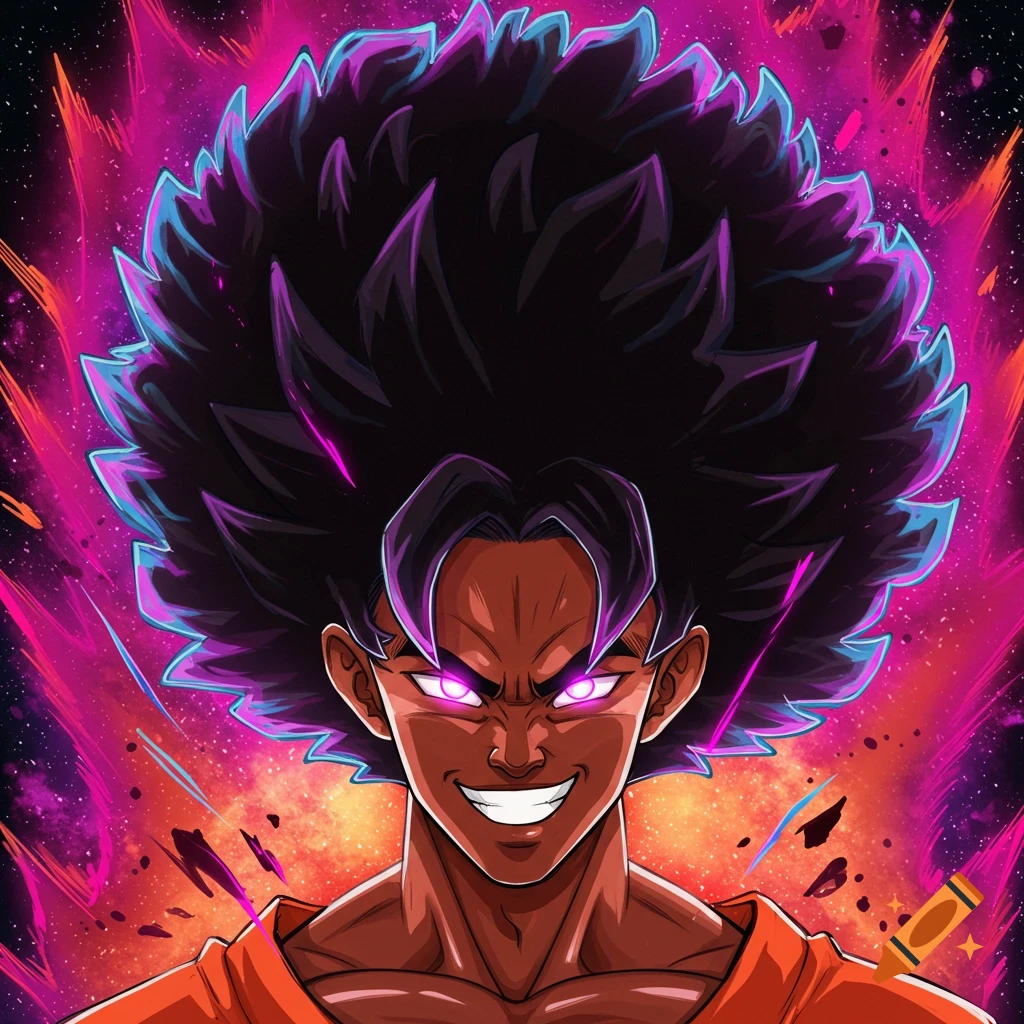 Dragon Ball style anime portrait of a character with an afro, glowing eyes, against an energy background.
