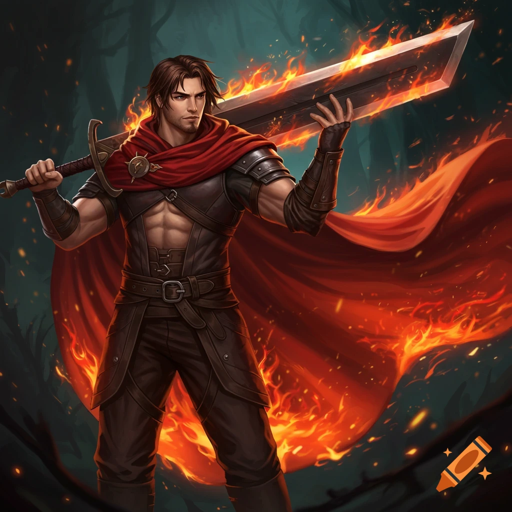 A male warrior with a flaming sword and cape.