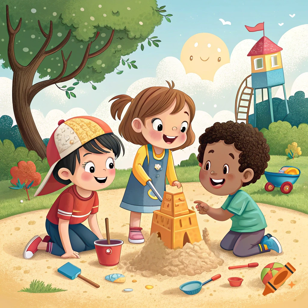 Three cartoon kids build a sandcastle in a sandbox with a playground in the background.