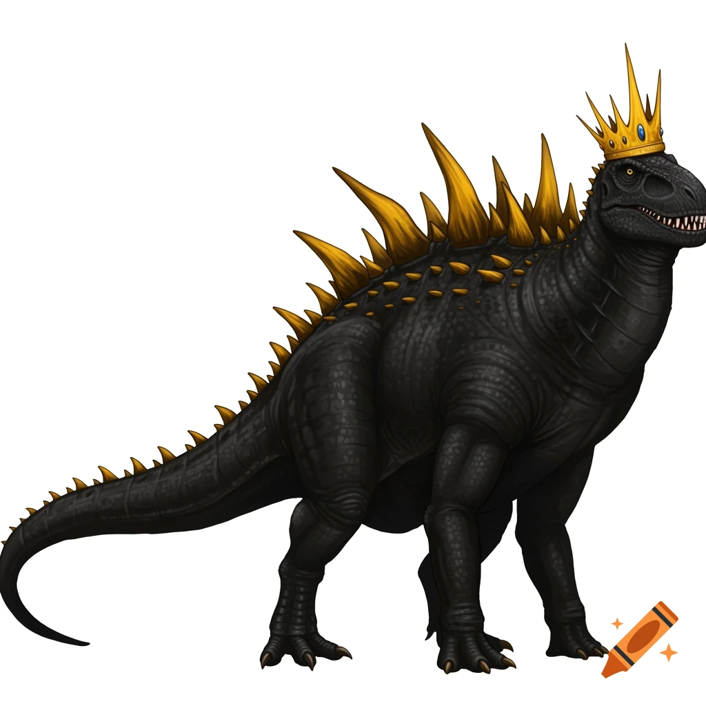 A black dinosaur with yellow spikes and a crown stands on a white background.