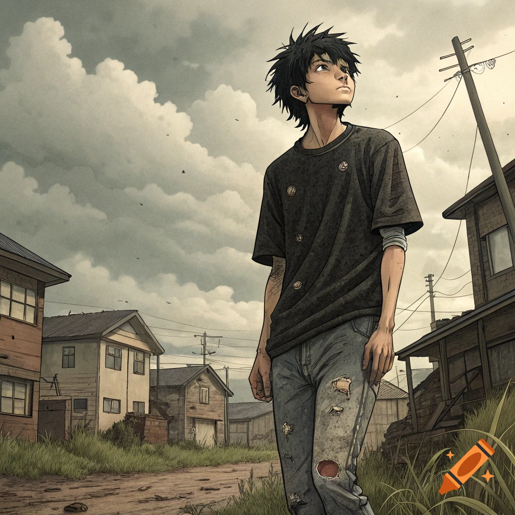 Young man in ripped jeans stands in a run-down town, looking up at a cloudy sky, in manga style.