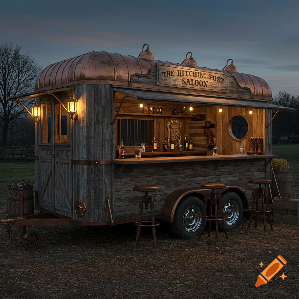 A mobile saloon bar trailer with rustic wood and copper details set up outdoors at dusk.