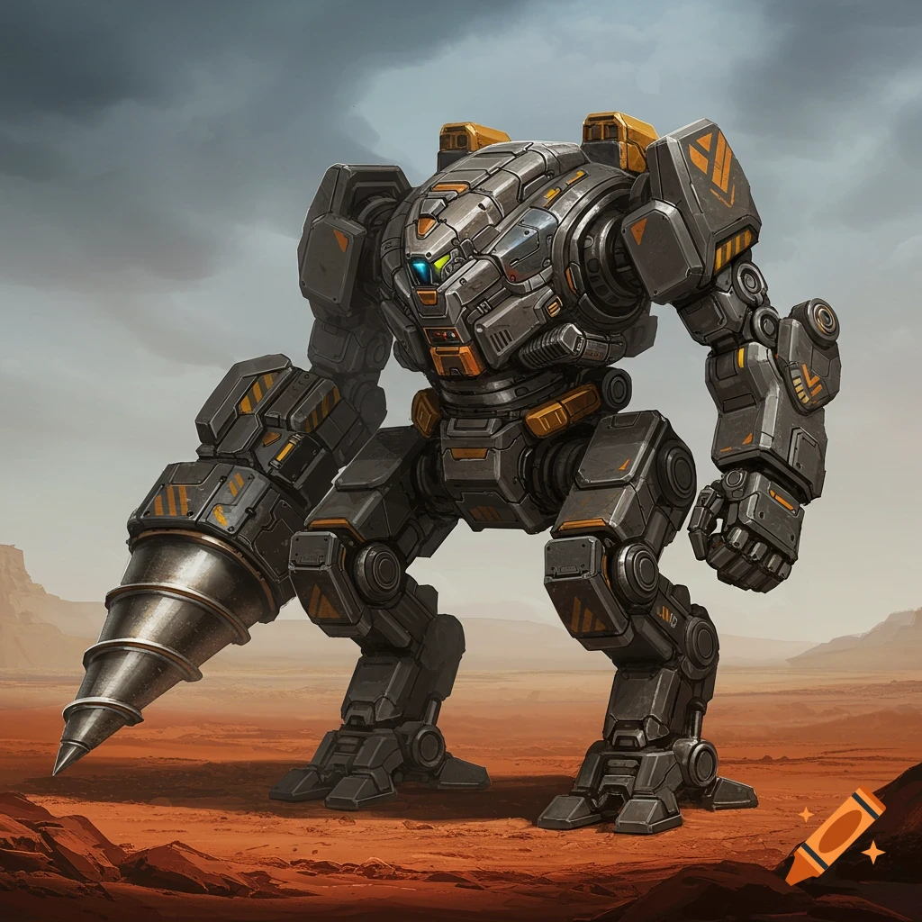 Large grey and yellow sci-fi robot with a drill arm in a red desert under a cloudy sky