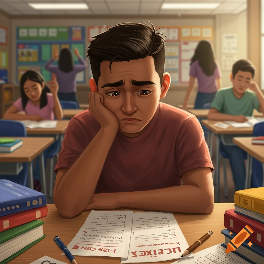 A sad student looks at papers at his desk in a classroom.