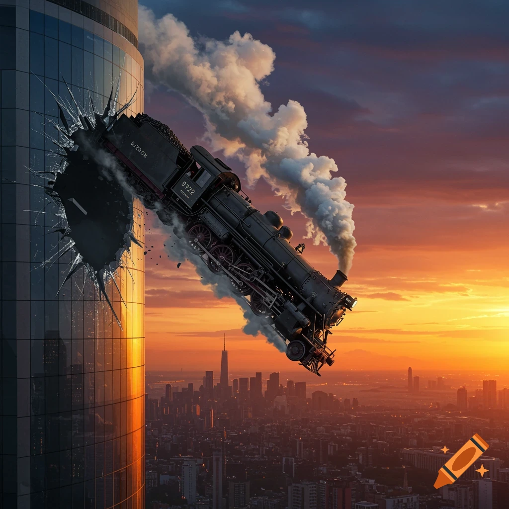 Surreal image of a vintage steam train crashing out of a skyscraper window over a city skyline at sunset.
