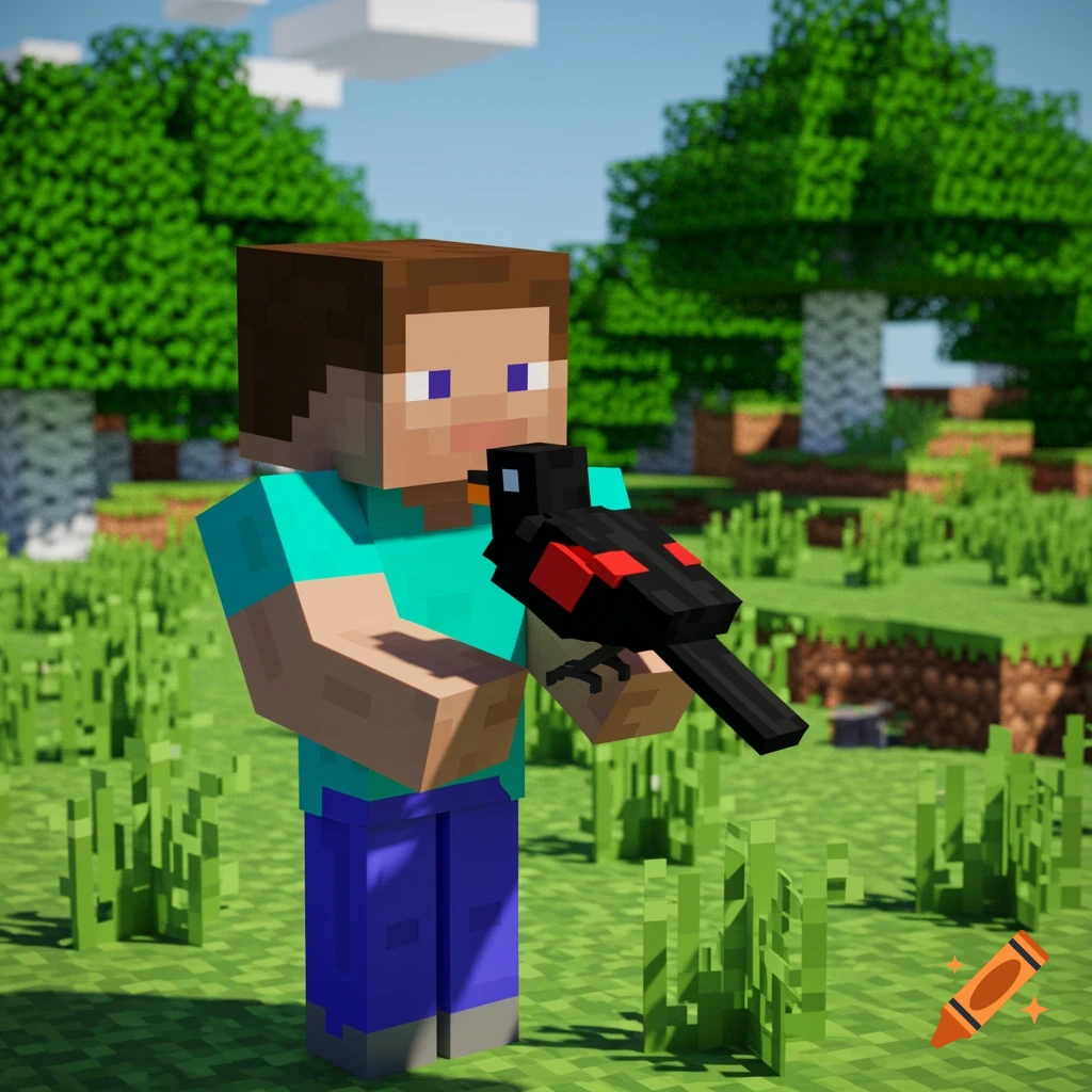 Minecraft Steve holding a red-winged blackbird in a grassy field.