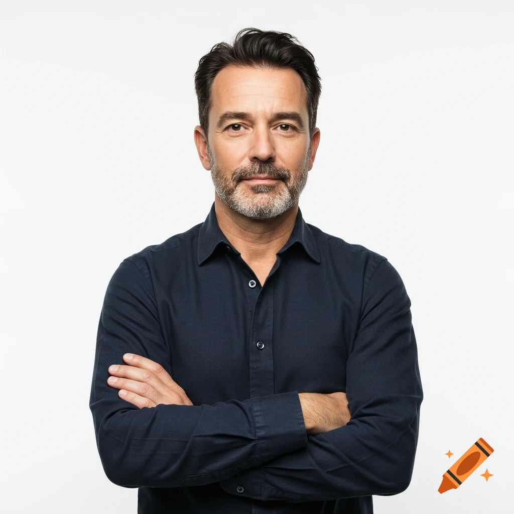 Man with crossed arms wearing a dark shirt against a white background.