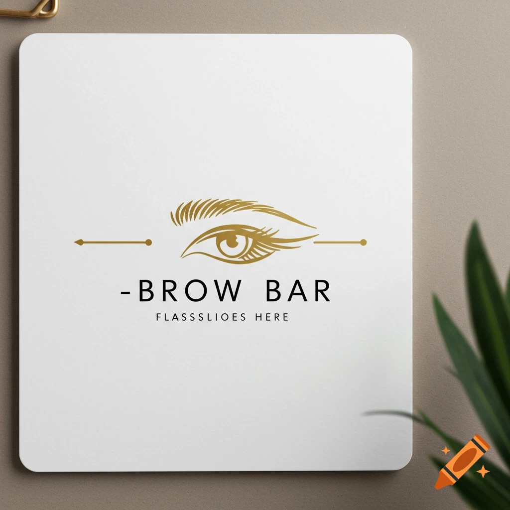 Business logo with gold eye graphic and text '- BROW BAR' and illegible smaller text on a white card mockup.
