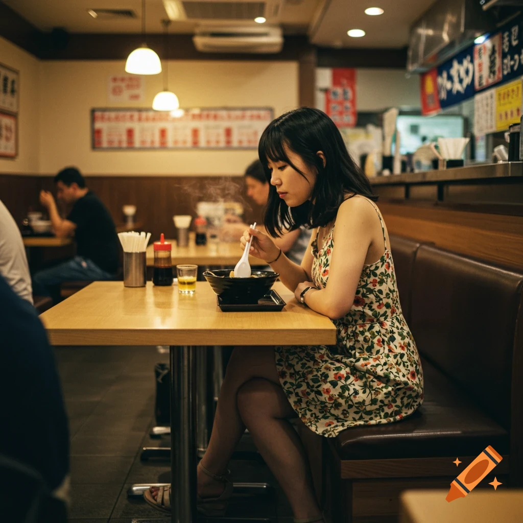 A woman eats a bowl of food at a table in a warmly lit restaurant.