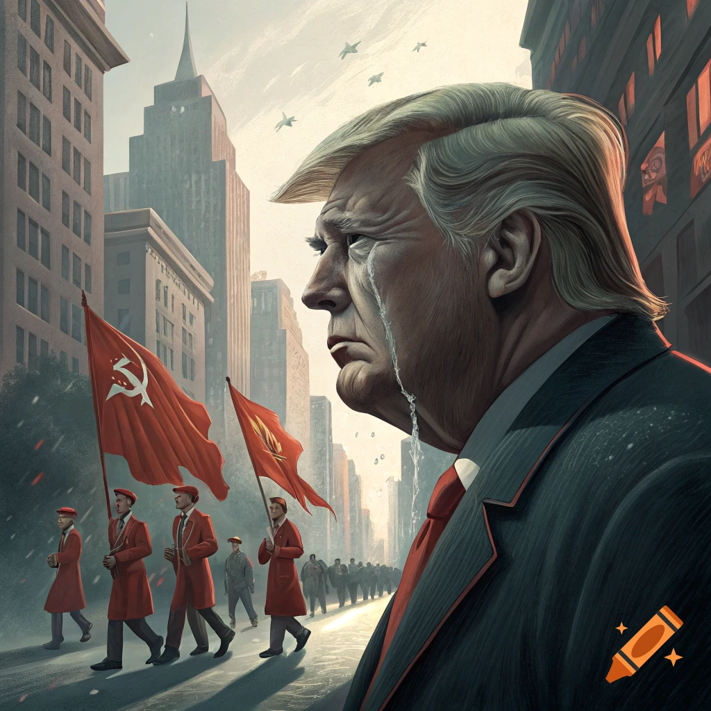 Illustration of a crying Donald Trump watching a parade with communist flags march down a city street.