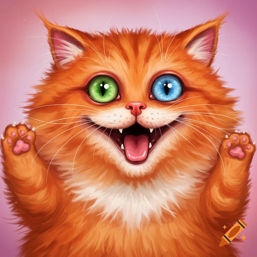 A fluffy orange cat with mismatched green and blue eyes and a wide grin, paws raised.