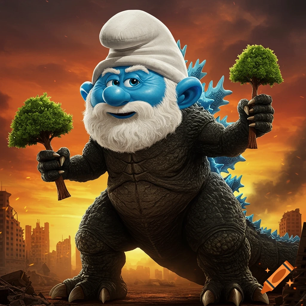 Papa Smurf fused with Godzilla, holding trees in a destroyed city landscape under a fiery sky.