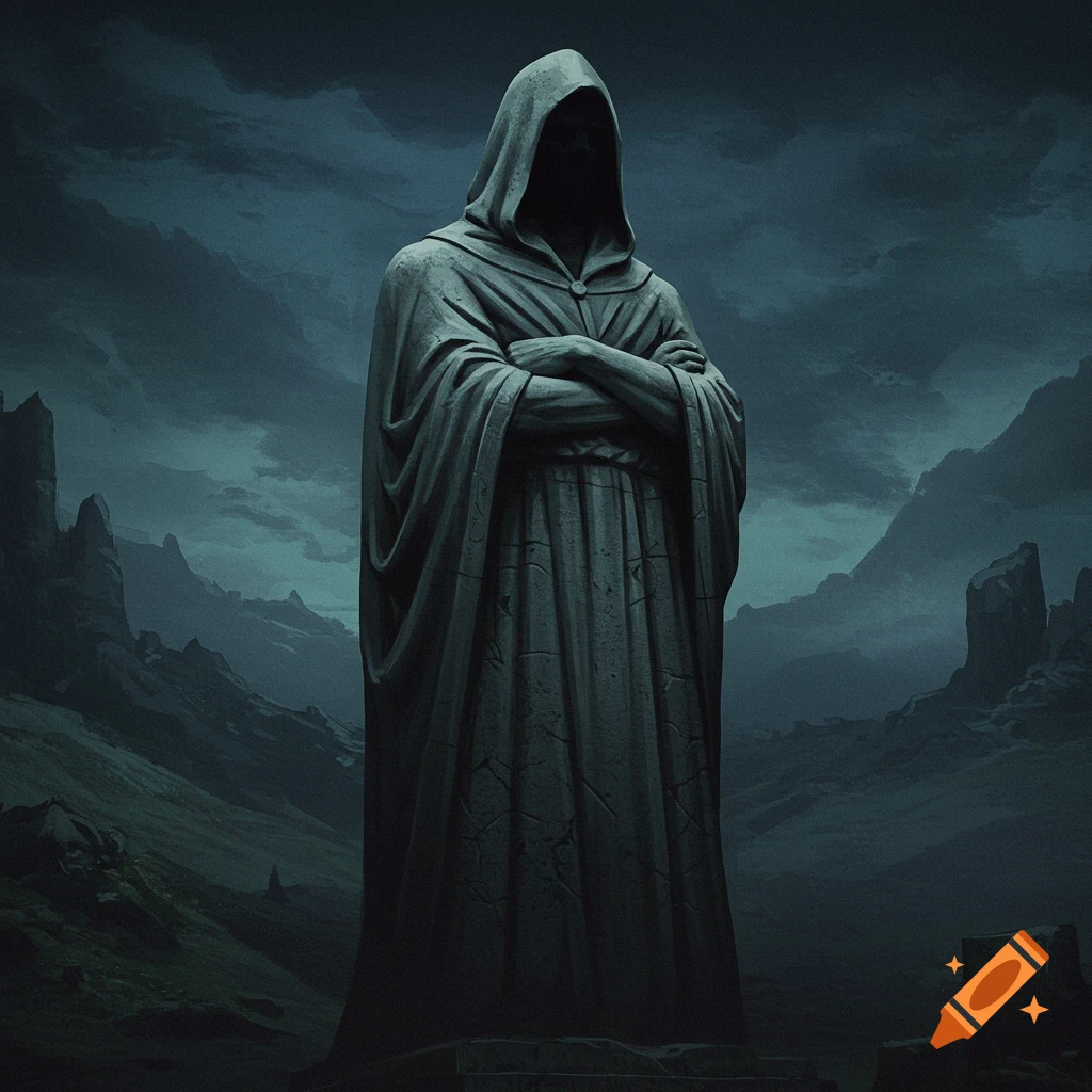 Large stone statue of a hooded figure with arms crossed in a dark, mountainous landscape.