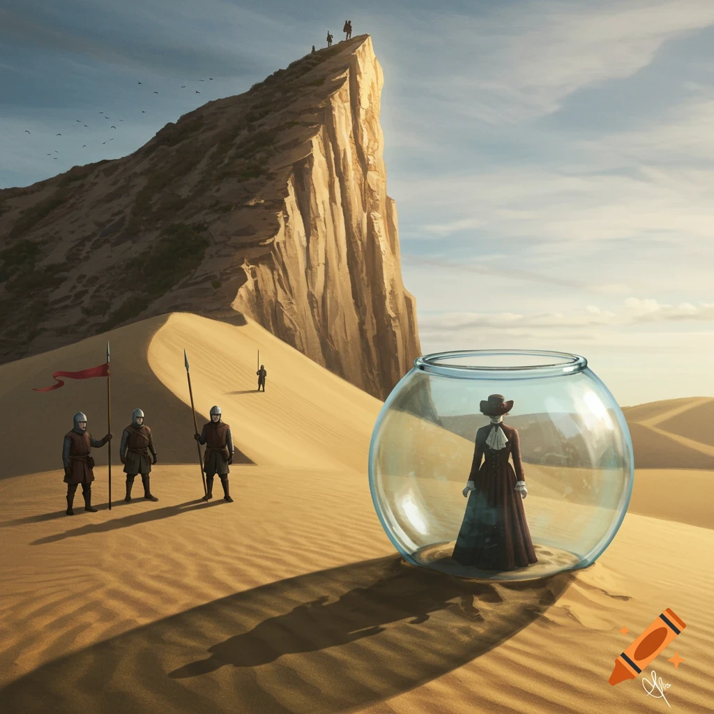 A Victorian woman sits in a fishbowl in a desert. Guards stand watch, and figures are visible on a distant mountain.