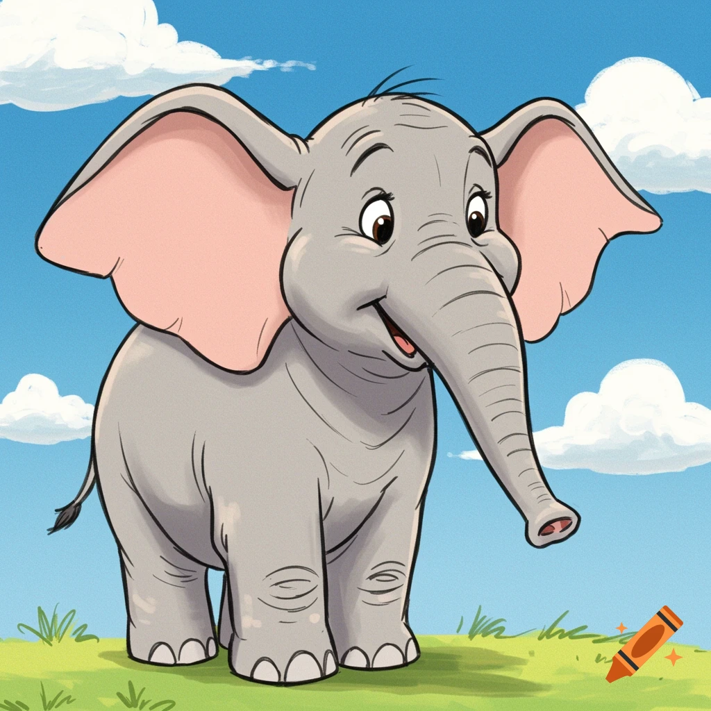A friendly cartoon elephant stands in a grassy field under a blue sky with clouds.