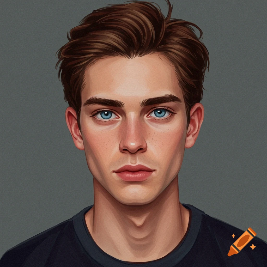 Portrait of a young man with brown hair, blue eyes, and freckles.