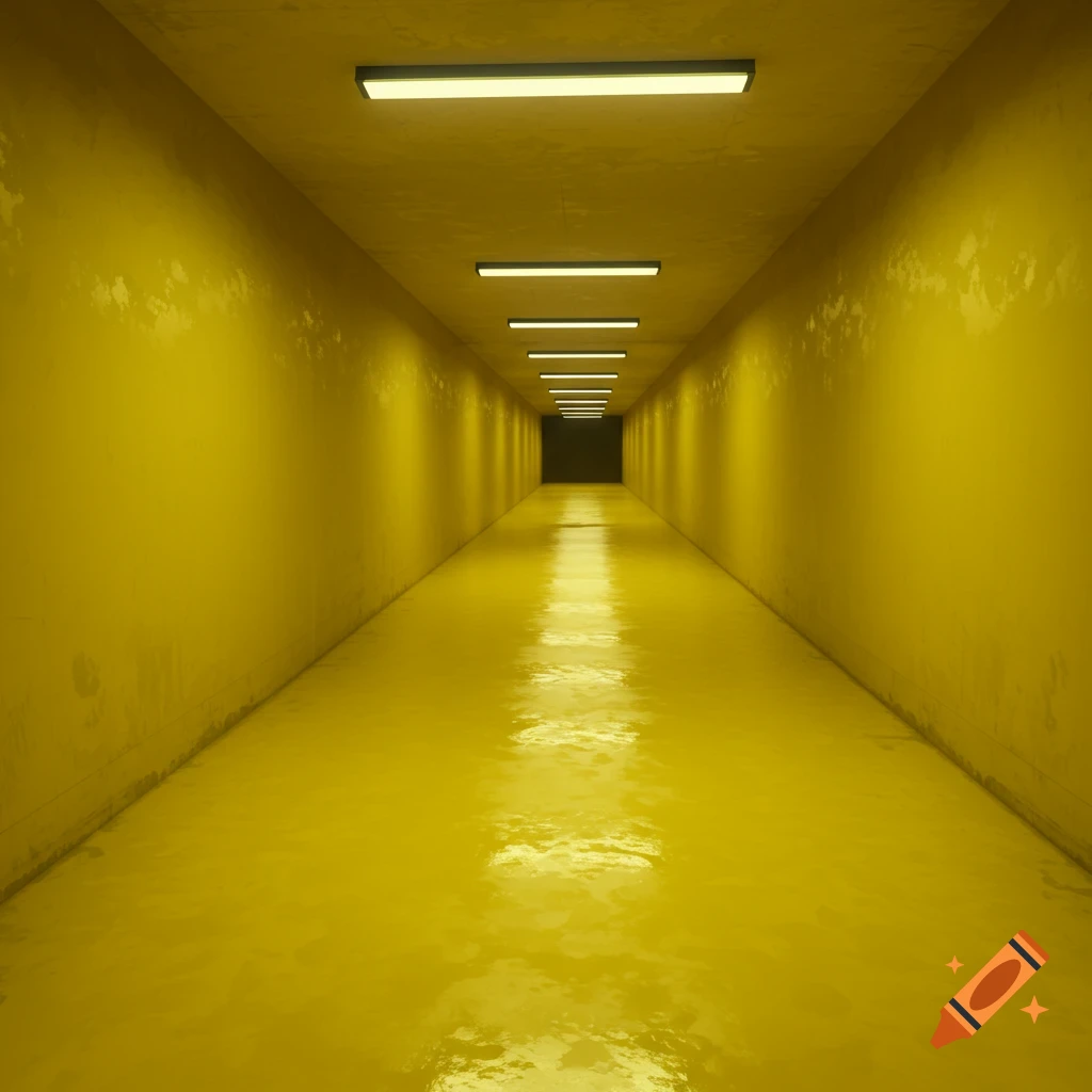 Long yellow hallway with fluorescent lights and reflective floor receding into darkness.