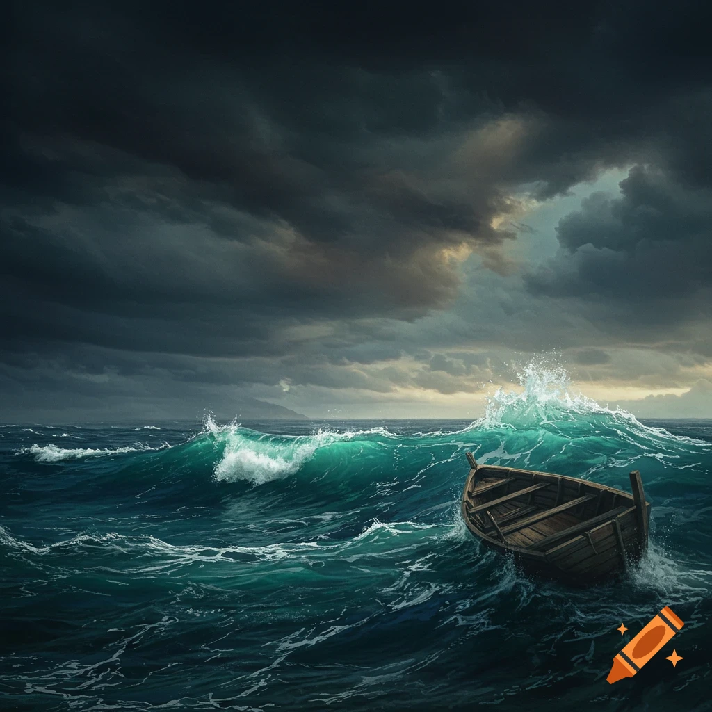 A small wooden boat tossed by waves under a dark, stormy sky.