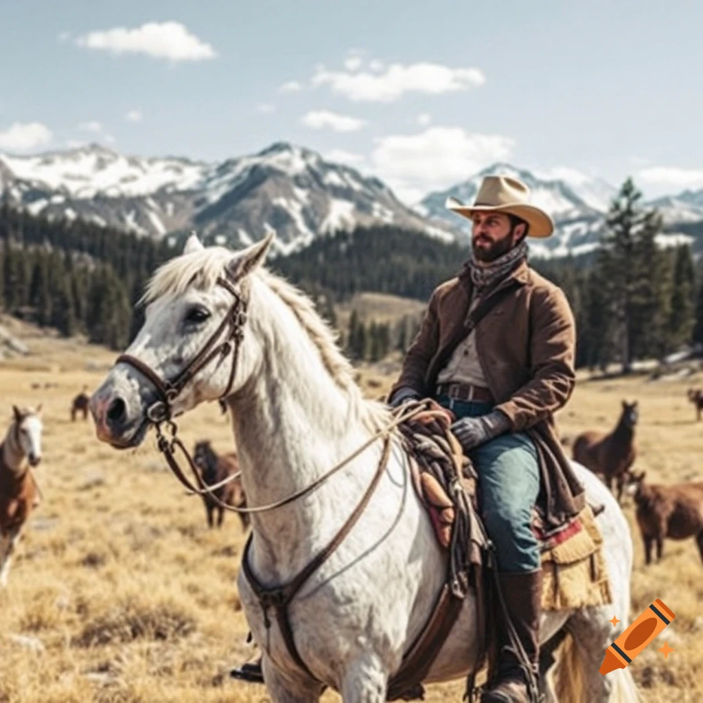 A cowboy rides a white horse through a mountain landscape with other horses in the background.