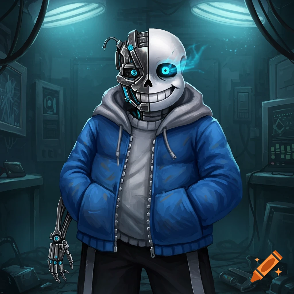 Illustration of half-cyborg Sans from Undertale in a dim lab.