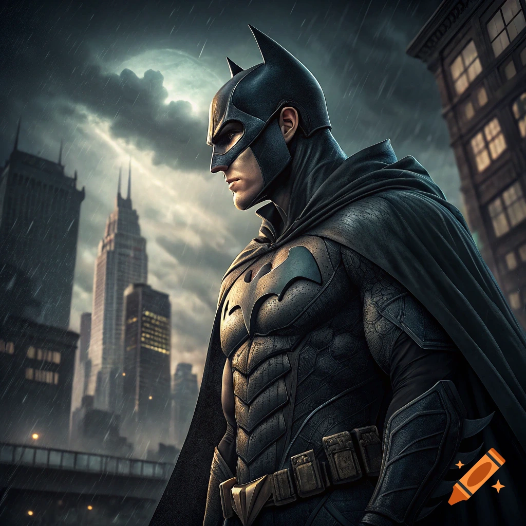 Batman standing in a rainy city with a stormy sky