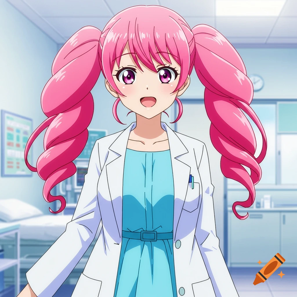 An anime girl with pink pigtails wears a doctor's coat in a medical room.