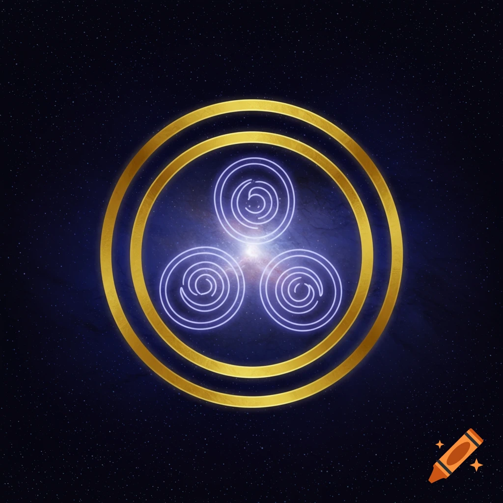 A glowing purple symbol within a golden circle against a starry space background