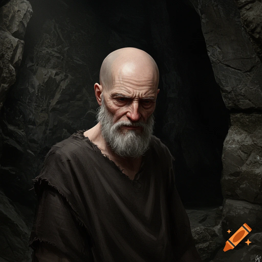 An old, bald man with a white beard wears a dark robe in a cave.