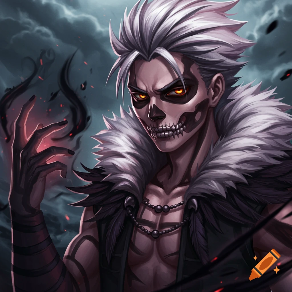 Anime character with white hair, skull facepaint, and orange eyes casting dark magic