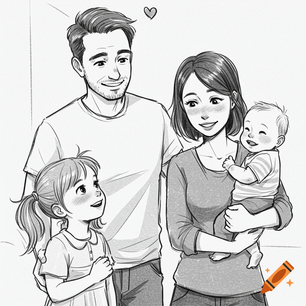 A black and white sketch of a happy family portrait with a mother holding a baby, a father, and a young daughter looking up.
