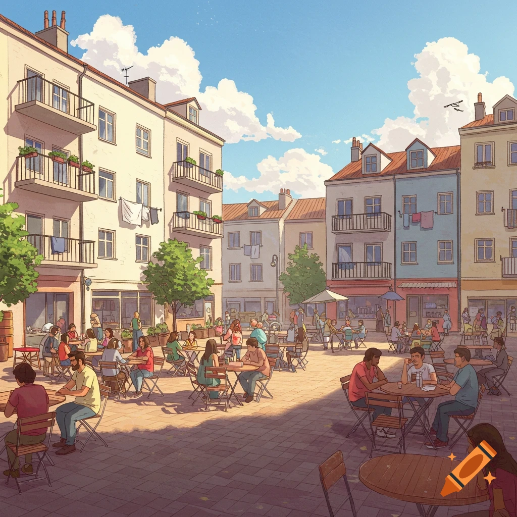 A busy public plaza with people sitting at outdoor cafes surrounded by buildings.