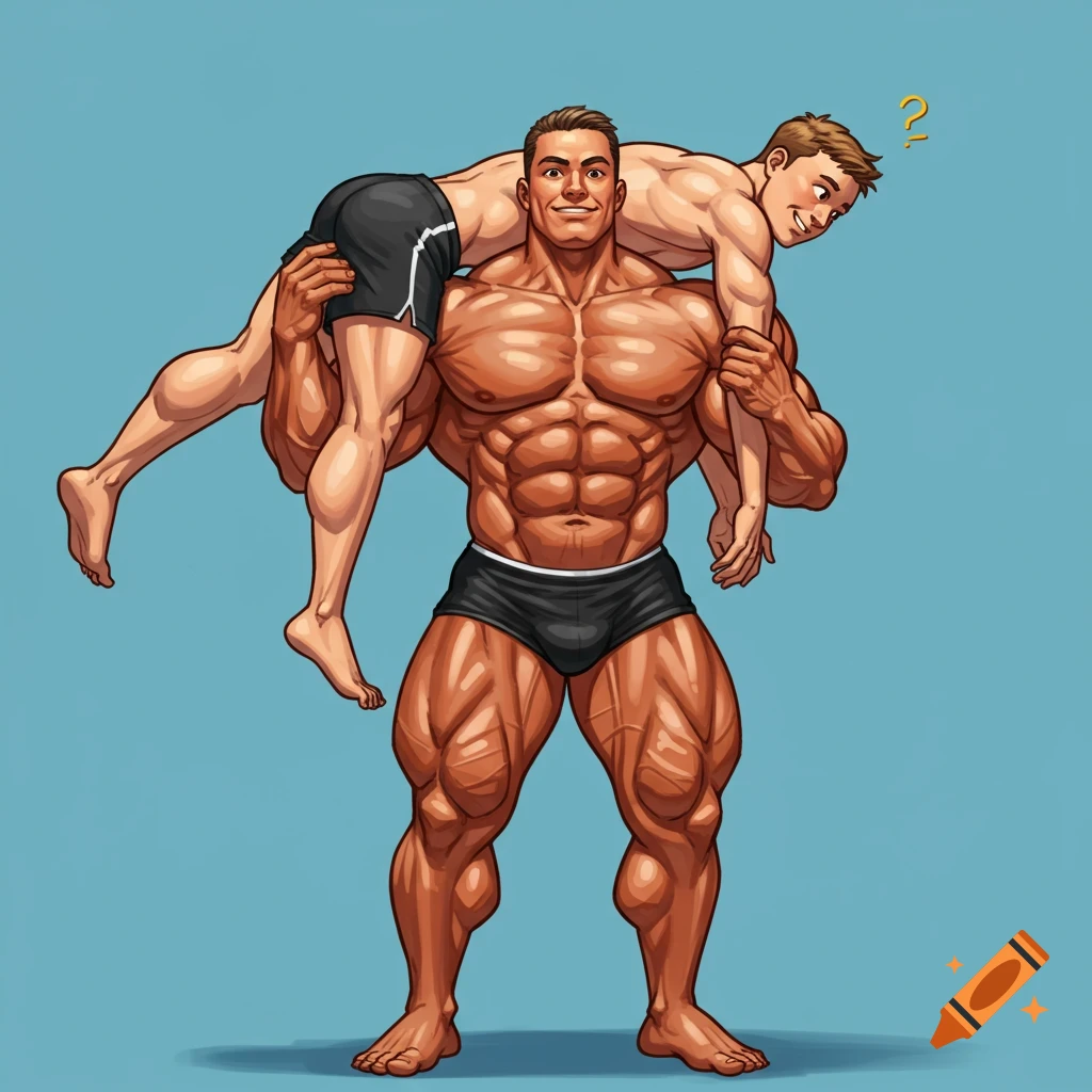 A muscular bodybuilder carries another man on his shoulder in a cartoon style illustration.