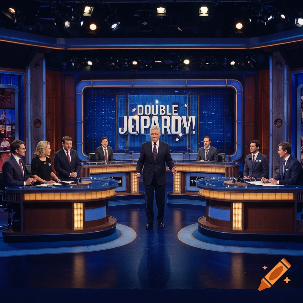 A game show set resembling Double Jeopardy, with a host figure center stage and contestants at desks. The screen displays 'Double Jeopardy!'.