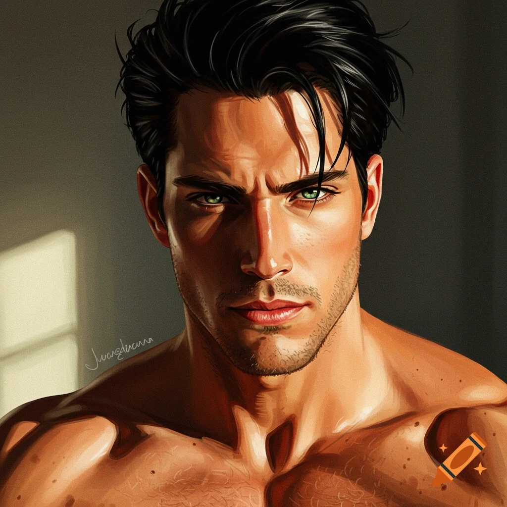 Portrait of a man with black hair, green eyes, and bare chest.