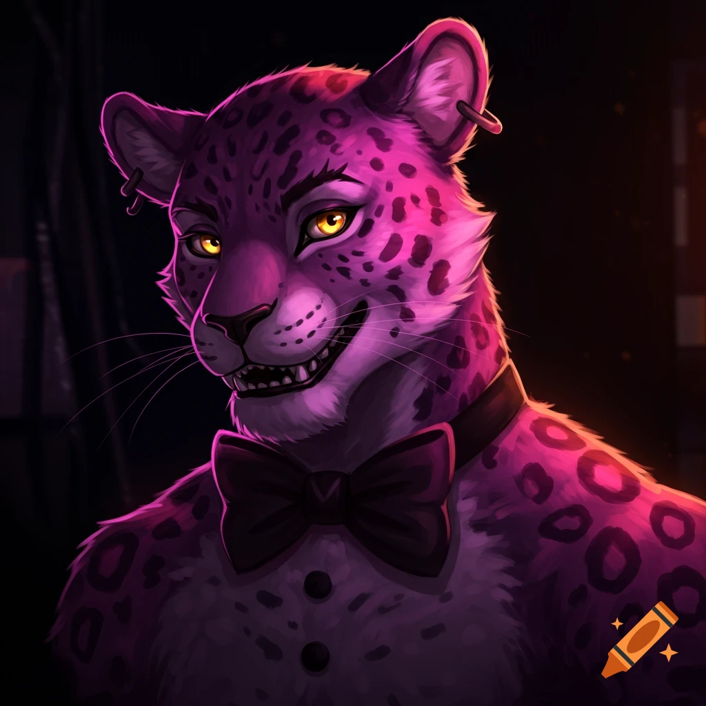 Purple and pink anthropomorphic leopard in a bow tie.