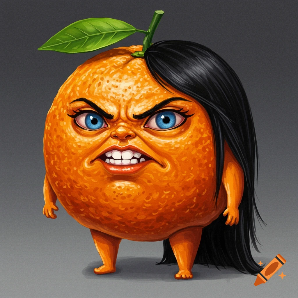 A round orange creature with a bitter human face, skinny limbs, and long black hair.