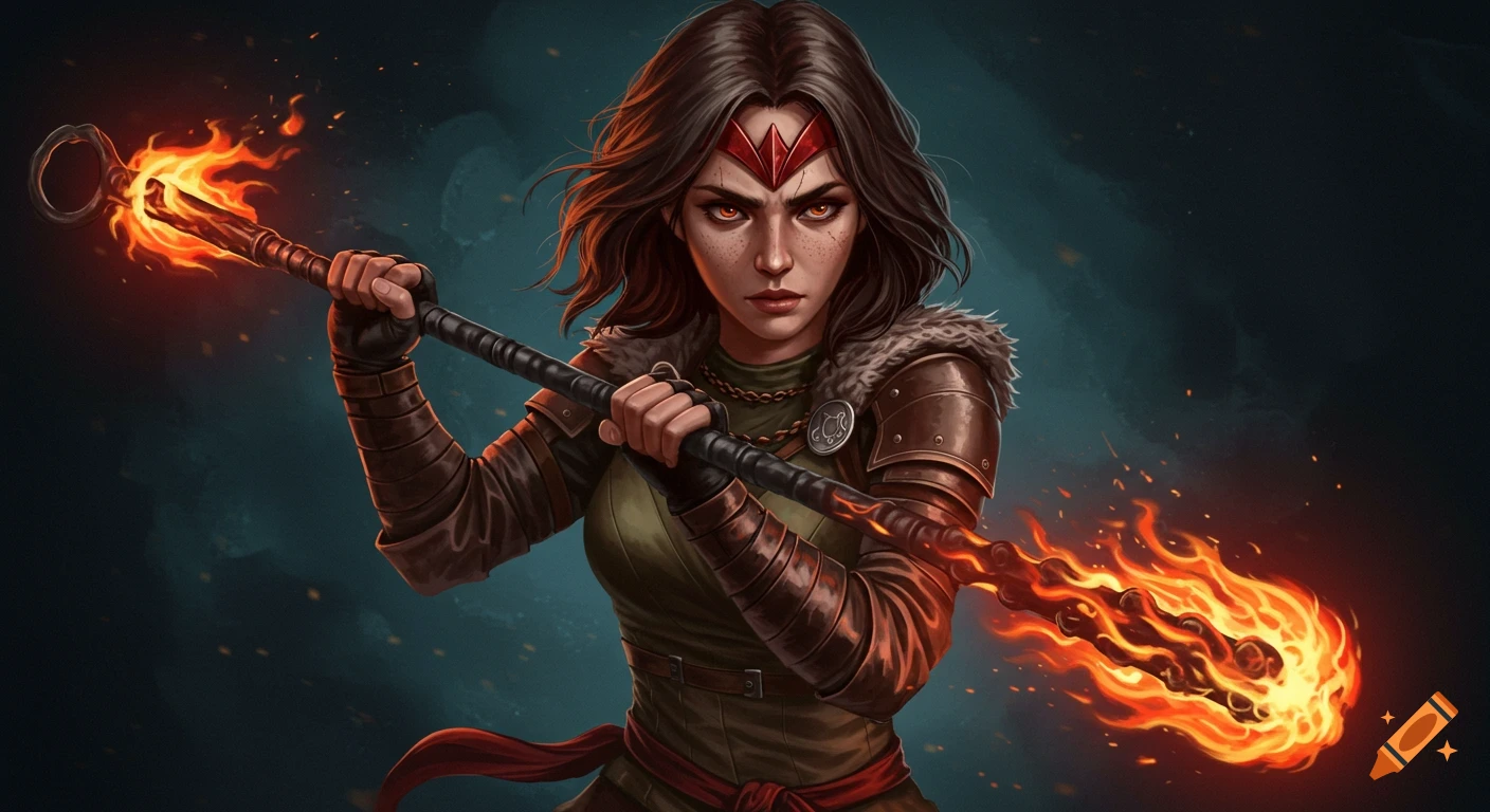 A female fantasy warrior holding a flaming staff.