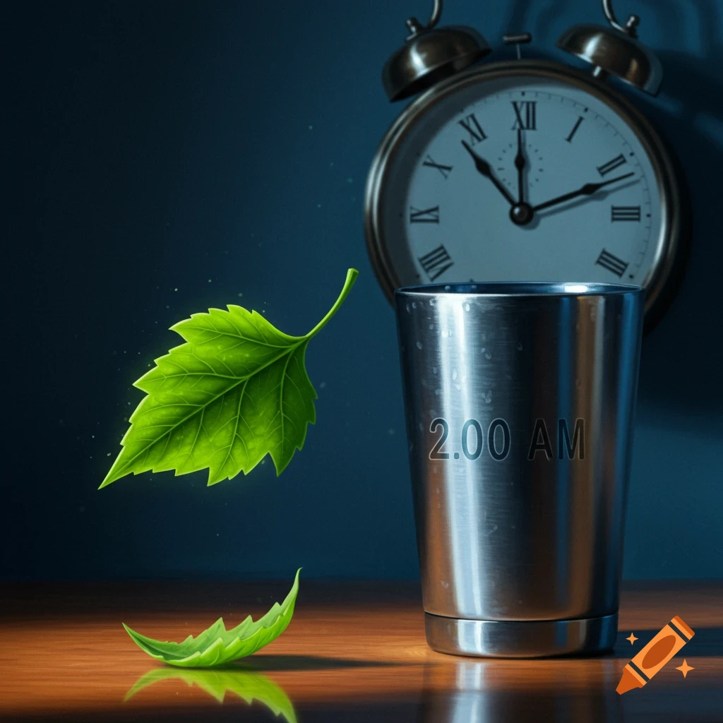 A floating green leaf and a leaf on a wooden table next to a metal tumbler with 2.00 AM and an alarm clock in the background.
