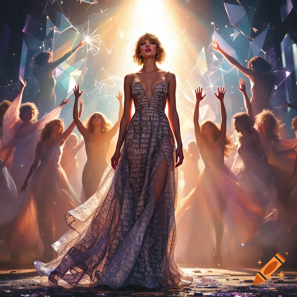 A woman in a dress stands on a stage with ethereal figures and shattered glass in a stylized, brightly lit image.
