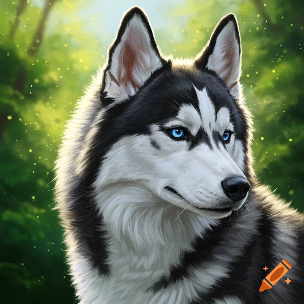 A husky dog with blue eyes in a forest.
