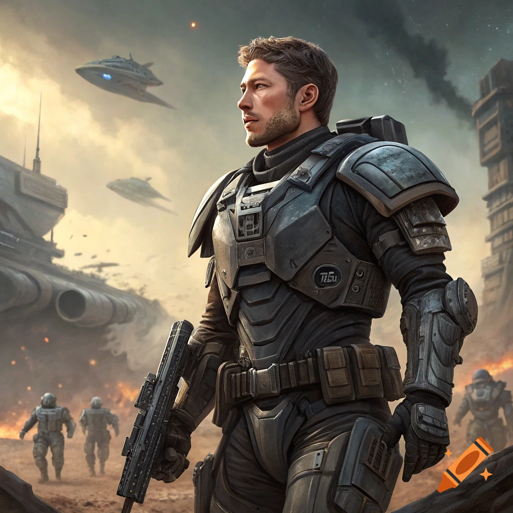 Man in sci-fi military armor holds a rifle in a battle scene with spaceships and soldiers.