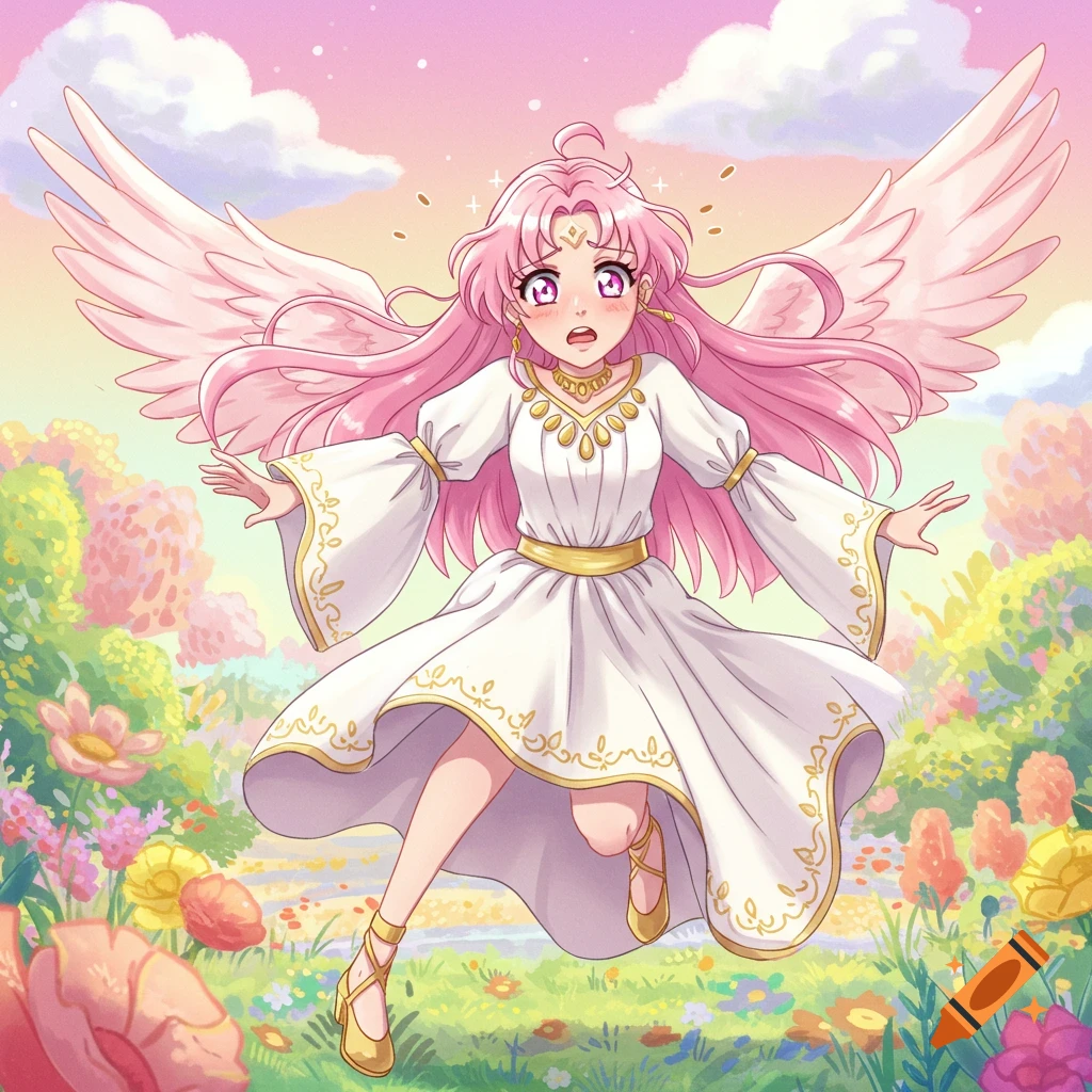 Anime illustration of a clumsy pink-haired goddess with wings in a vibrant garden