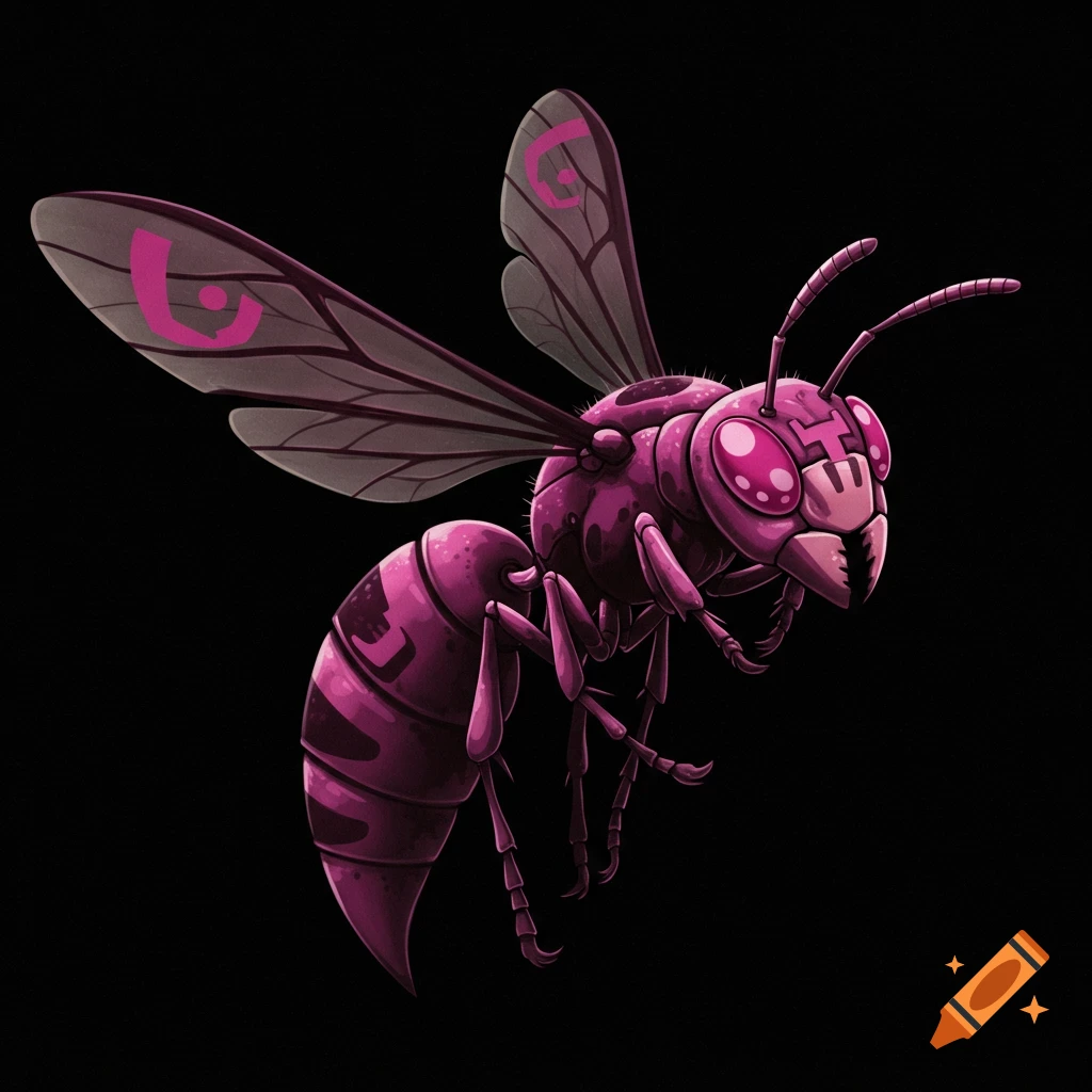 A purple hornet with pink symbols on its wings and body, illustration against a black background.